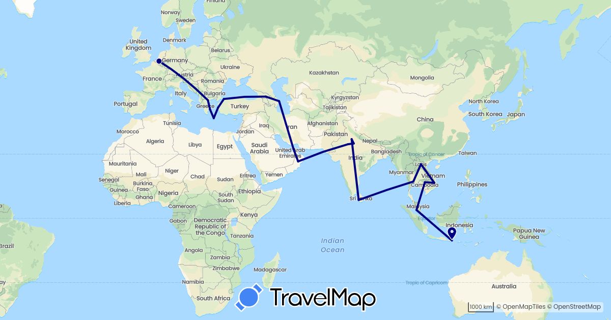 TravelMap itinerary: driving in United Arab Emirates, Azerbaijan, Belgium, Georgia, Greece, Indonesia, India, Cambodia, Laos, Sri Lanka, Malaysia, Oman, Singapore, Thailand, Turkey, Vietnam (Asia, Europe)